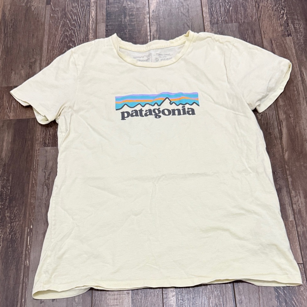 Patagonia Light Yellow Tee with Mountain Graphic